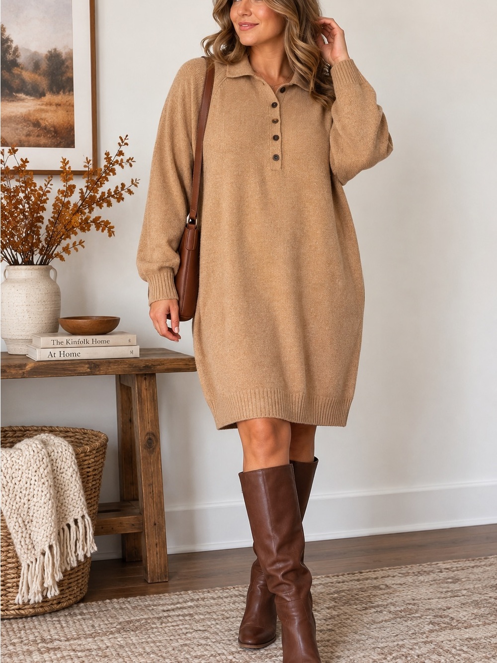 Gap CashSoft Mini Polo Sweater Dress XXL Bright Brown Camel Oversized Fall Knit